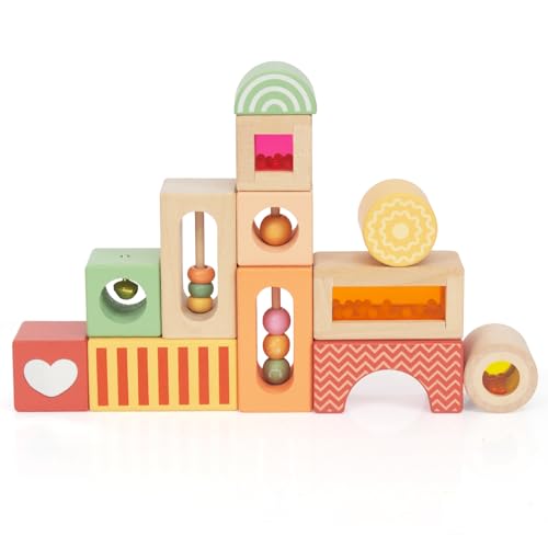 WOODENFUN 12 Stück Regenbogen Sound Komponenten Kinder Baby Stimme Block Spielzeug Set Bunte Bausteine Klangbausteine Stapelturm Montessori Spielzeug Baby ab 1 Jahr (Rot)