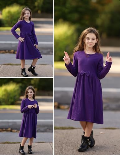Arshiner Girls Long Sleeve Dress A line Twirly Skater Casual Bow Tie Dress3