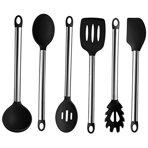 Culinary Edge 6 Piece Silicone and Stainless Steel Kitchen Utensil Set, Black Cover