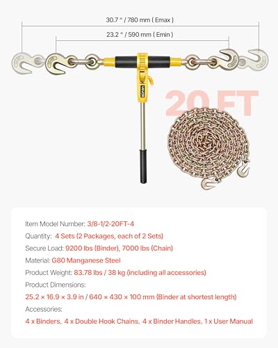 Image of VEVOR Ratchet Chain Binder, 3 /8 in x 20 ft G80 Chains, 9200 lbs Working Load of Ratchet Load Binder, Chains and Binders Set, Tie Down Hauling Chain Binders for Hauling, Towing, Logging, Lifting