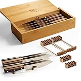 Kid Safe In-Drawer Bamboo Box, for Chef Knives or Steak Knives, with newly invented Beautiful Leather Holders. Only 5.5 Inches Wide. Best Knife Block Alternative!