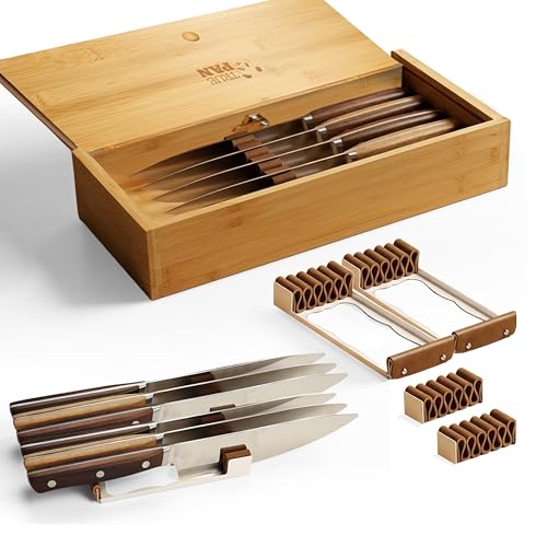 Kid Safe In-Drawer Bamboo Box, for Chef Knives or Steak Knives, with newly invented Beautiful Leather Holders. Only 5.5 Inches Wide. Best Knife Block Alternative!