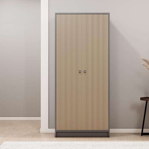 Image of Bniture Luxe 2 Door Wooden Wardrobe for Bedroom with Shelf & Lockable Drawer | Almirah for Clothes with Vertical Slatted Panels | Cupboard for Bedroom with Elevated Base | Grey & Giant Wood