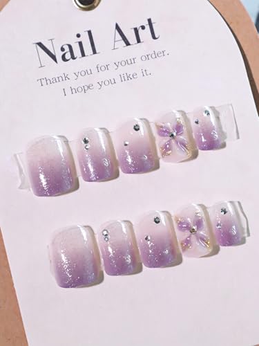 Image of Secret Lives Purple Gradient Artificial Press-On Nails - Short Square False Translucent Nail Extensions with 3D Flower Design 24-Pieces Set with Kit