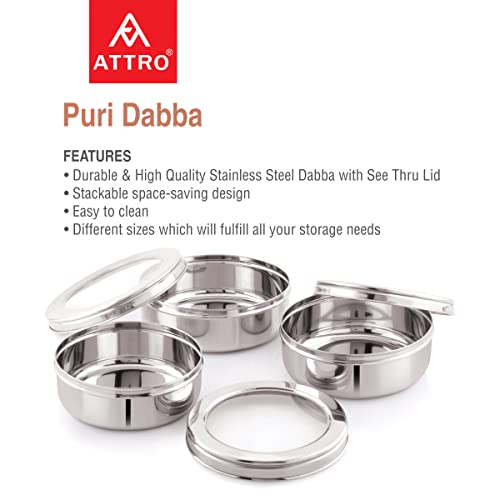 Image of Attro Stainless Steel Puri Dabba with See Through Lid, Flat Canisters, Food Storage Containers, Roti, Paratha, khakhra, Thepla, Big (1100ml), Medium (900 ml), Small (700ml) - Set of 3