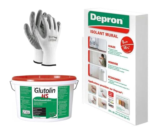 DEPRON Pannelli Isolanti 9 mm (125×80 cm) – Confezione 20 m² + Colla Glutolin 8 kg | Isolamento Termico e Acustico per Pareti e Soffitti | 1 paio di guanti in nitrile HYTAMA TOOLS