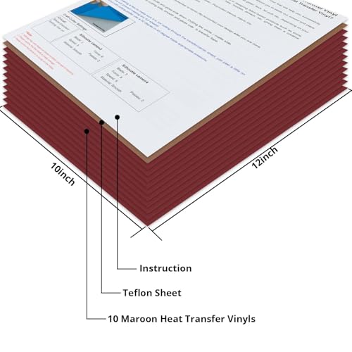 Image of JANDJPACKAGING Maroon Heat Transfer Vinyl for T- Shirts- 10 Sheets,10 inchx12 inch Maroon HTV Iron On Vinyl Compatible with Cricut Cutting Machine and Silhouette Cameo Including PTFE Sheet