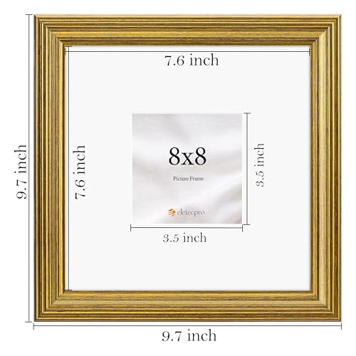 Image of eletecpro 8x8 Gold Picture Frames Set of 4, Vintage Photo Frames with Clear Acrylic Cover, Gallery Wall Art Display 4x4 Photo with Mat or 8x8 without Mat for Tabletop and Wall Mount, Home Decor