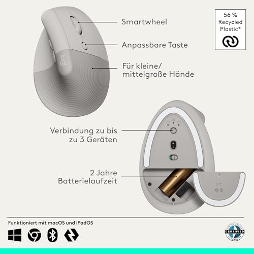 Logitech Lift Vertikale Ergonomische Maus, Kabellos, Bluetooth oder Logi Bolt USB-Empfänger, Leise Klicks, 4 Tasten, Kompatibel mit Windows/macOS/iPadOS, Laptop, PC - Sand