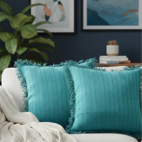 Image of Teal Blue Cushion Covers - 16x16 Inch | Set of 2 | Hand-Woven Fringed Cotton Decorative Covers for Sofa, Living Room & Bedroom Decor | Square Shape Cushion Cases