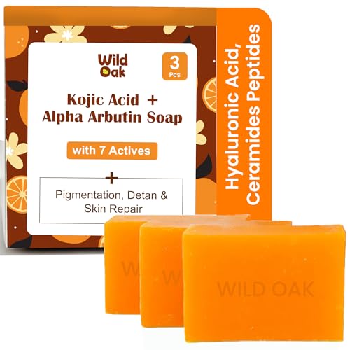 Image of WildOak Brightening & DeTan Body Soap | Pack of 1 x 3 pcs | Cold Pressed Premium Soap for Gentle Exfoliation, Dark Spots & Pigmentation Repair with Kojic Acid, Alpha Arbutin, Niacinamide & Vitamin C