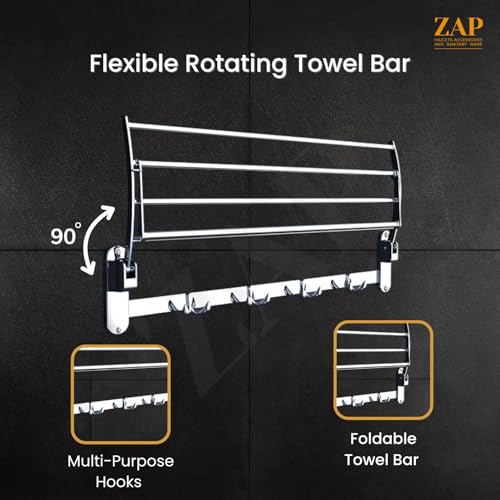 Image of ZAP Ocean Series Towel Rack /Stainless Steel Towel Holder (24 Inch) with Hooks | Bathroom Accessories | Set of 1 | Premium Chrome Finish