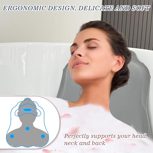 lomonmen Badewannenkissen,Badekissen,Ergonomisches Nackenkissen Badewanne,Badewannenmatte mit Kissen Saugnäpfen für Badewanne,Spa,Einweichen (grau)