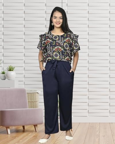 Image of Girls /Kids Printed Floral Designer Top and Palazzo Set Crop Top and Palazzo Set Printed /Fancy Palazzo and top Set for Girls with tie in Waist