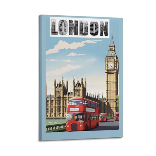Toile Londres et bus rouge pour déco de chambre | Cadre mural esthétique 30x45 cm