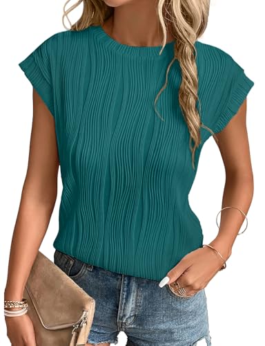 Image of Gemulate Round Neck Short Sleeve Work Tops tee Shirts for Women Loose fit,Ladies Knit Solid Loose Casual T Shirts Tee Blouses Dark Cyan M