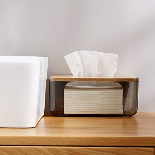 YESTOO Tissue Holder, Facial Tissue Dispenser Box with Bamboo Wood Lid, Transparent Container, Modern Minimalist Design. Napkin Organizer for Bathroom, Bedroom, Living Room (Large)