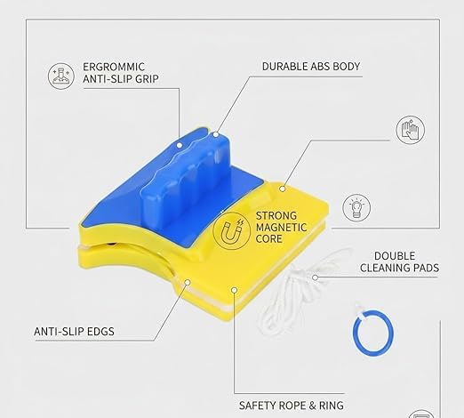 Image of Magnetic Window Glass Cleaner Double-Sided Megnetic Wiper Cleaning Pads Double-Face Window Cleaning Brush for Sliding Windows & High Rise Glass With 2 Extra Cleaning Cotton Squeegees (Yellow)