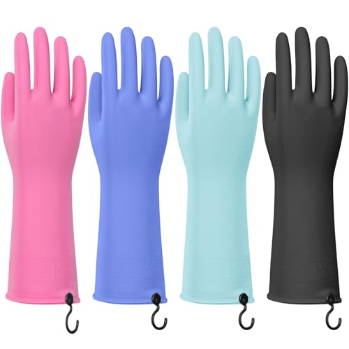 Petacffe 4 Pairs Rubber Dishwashing Gloves with Hanging Hooks - Reusable Cleaning Gloves for Kitchen & Household Non-Slip Durable and Flexible (Large 4 Colors: Black Pink Blue Purple)