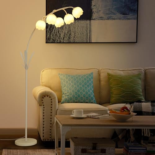 Image of HMVPL White Floral Floor Lamp, Cute Flower Standing Lamp for Bedroom, Modern Tall Lamp with 5 G9 LED Bulbs, Foot Switch, Acrylic Shade, Curved Floor Lamp for Living Room Corner Bedside Kids Home Decor