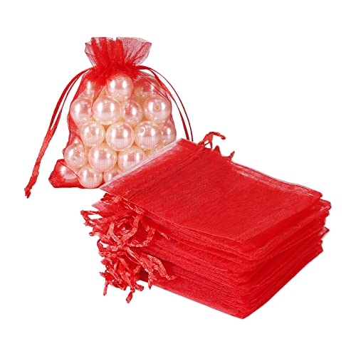 Image of HRX Package 100pcs Little Red Organza Bags 3 x 4 inch, Mesh Jewelry Pouches Drawstring Empty Sachets for Bracelets Candy Small Gift