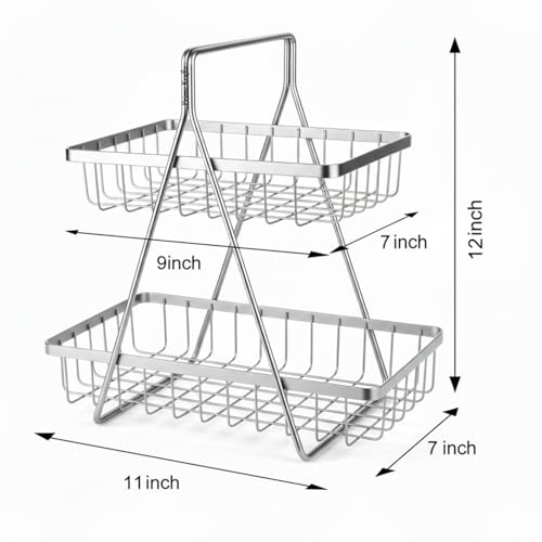 Image of 2 Tier Metal Fruit and Vegetables Basket with Handle | Fruit Vegetables Snacks and Bread Organizer for Kitchen, Dining Table, Livingroom | Bathroom Countertop Stand (Design 2 - Silver)