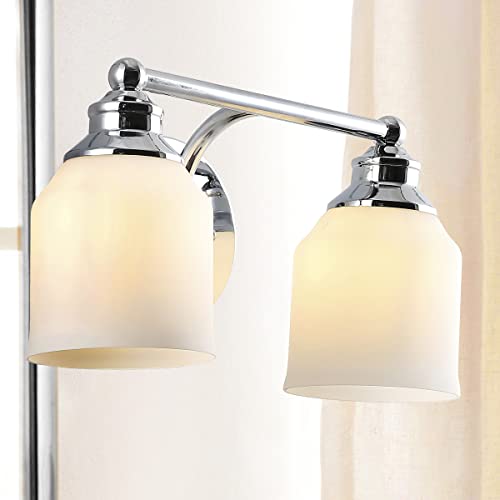 Image of JONATHAN Y 14 inch Chrome Modern Farmhouse LED Vanity Light Wall Sconce Fixture, Frosted White Glass Shade, Dimmable Wall Lamp for Bathroom Mirror Kitchen Sink, UL Listed (JYL7550A)