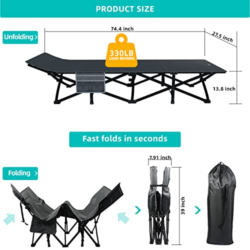 Hejiko Camping Cot For Adults, Folding Cot With Mattress, Sleeping Cot Bed With Carry Bag, Heavy Duty Portabld Cots For Camp Travel Outdoor Home Office 450Lb, Black Set (Cot+Pad) #TOP4