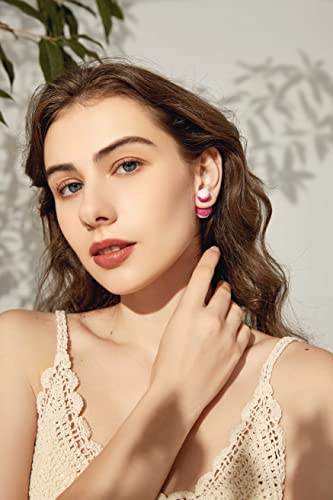 Hot Pink Raffia Ball Stud Earrings Boho Double Sided Rattan Beaded Piercing Earrings For Women Girls Colorful Handmade Straw Wicker Earrings For Summer Beach Jewelry Gifts #TOP3