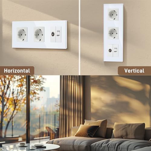 BSEED Schuko Steckdose mit 1/2 PC mit TV Weiß Glas Panel Steckdose Glas TV antenna coaxial and RJ55 Cat5e Ethernet 16 Amp Steckdose 228mm Doppelt Wandsteckdose Verlängerungssteckdosen
