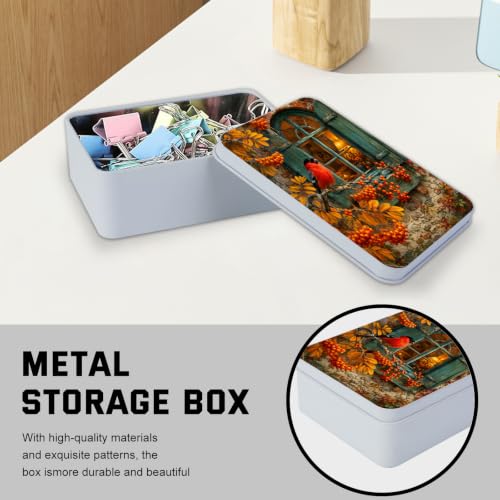 Image of Decorative Metal Tin Box with Lid,Red Cardinal Autumn Organizer