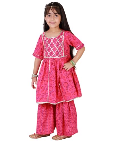 Image of superminis Baby Girl's Cotton Sanganeri /Floral Printed Frock Style Kurti With Printed Sharara Dress Clothing Set