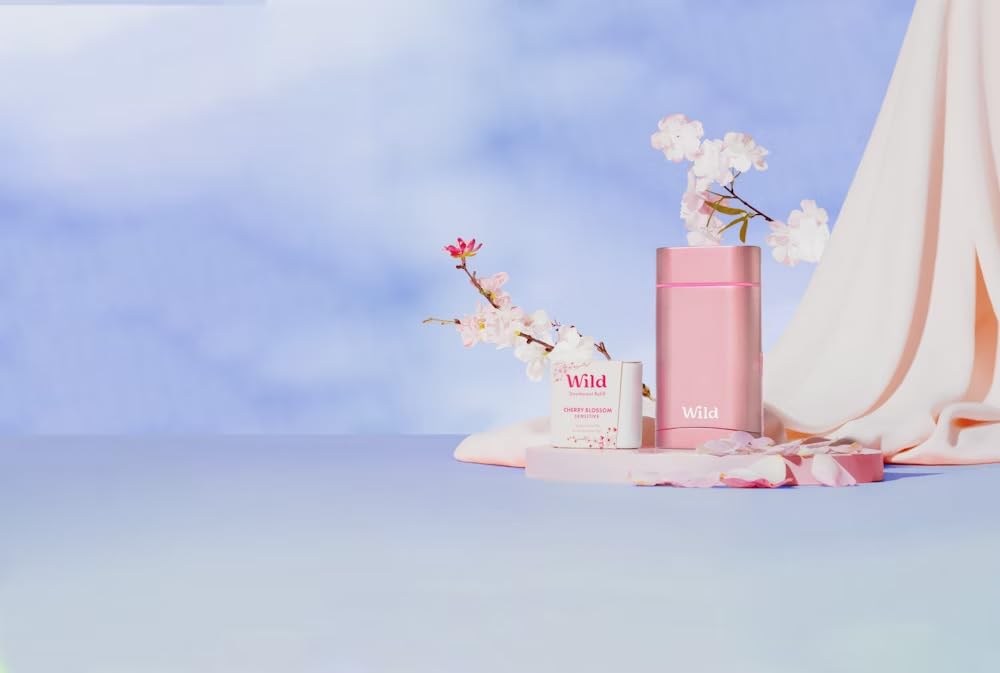 Wild - Natural Refillable Deodorant - Vegan & Eco-Friendly - Aluminium Free - Long Lasting Protection - 100% Natural - Starter Pack - Case & Refill - 40g (Cherry Blossom Deodorant)