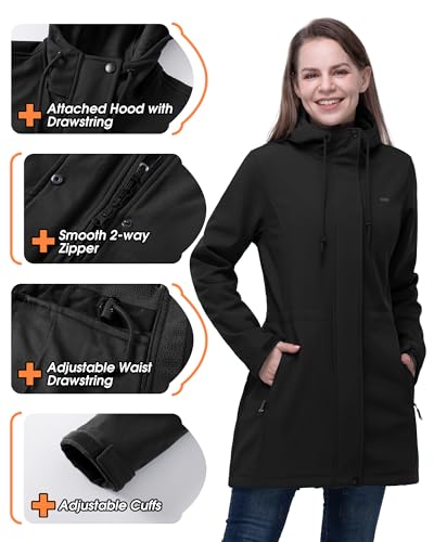33,000ft Women’s Softshell Jacket with Hood Waterproof Ladies Functional Jacket Fleece Lined Windbreaker Breathable Raincoat Hooded Long Coats for Cycling Hiking Outdoor Black 3XL - Image 4