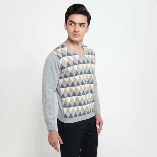 Image of Park Avenue Men Reguler Fit Jacquard Pattern Acrylic Wool Blend V Neck Sleeveless Casual Winter Wear Grey