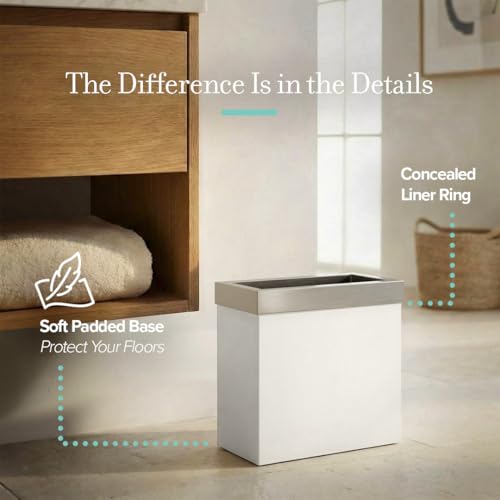 Image of Gatco Small Bathroom Trash Can with Lid, Rectangle 3 Gallon Stainless Steel Wastebasket, Under Sink, Matte Pearl and Satin Nickel, for Bathroom, Bedroom, Office (1939SN)