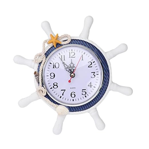 IMIKEYA Mediterranean Wall Clock Steering Wheel Nautical Silent Wall Clock Beach Sea Theme Ticking Clock with Rope Shell Decor for Bedroom Home Wall Decor Random Color