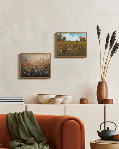 Image of KISSFOX Vintage Framed Wall Art Decor Rustic Wildflower Field Pictures Wall Decor Colorful Daisy Flower Paintings Botanical Canvas Art Prints Modern Farmhouse Artwork For Bedroom Kitchen Living Room