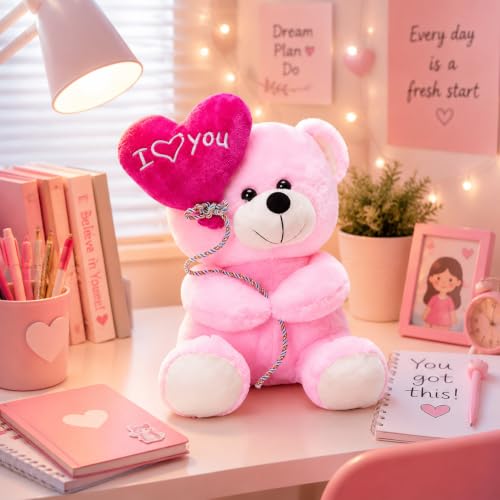 Image of Plush Teddy Bear with Pink 'Happy Birthday' Balloon, 20 cm, Soft Velvety Material