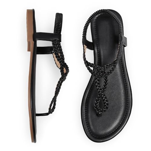 Image of iCKER Womens Braided T‑Strap Flat Sandals Elastic Stretch Ankle Strap | Boho cute casual lightweight and comfort matches dresses for beach vacation