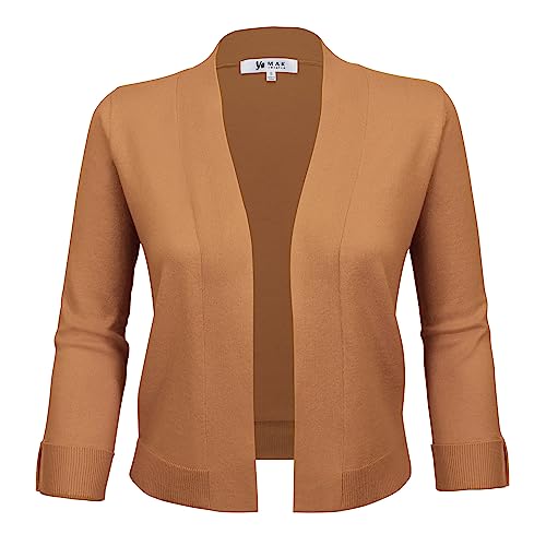 Image of YEMAK Women's Crop Cardigan Sweater - 3 /4 Sleeve Open Front Classic Basic Knit Bolero Cropped Soft Lightweight Knitted Top