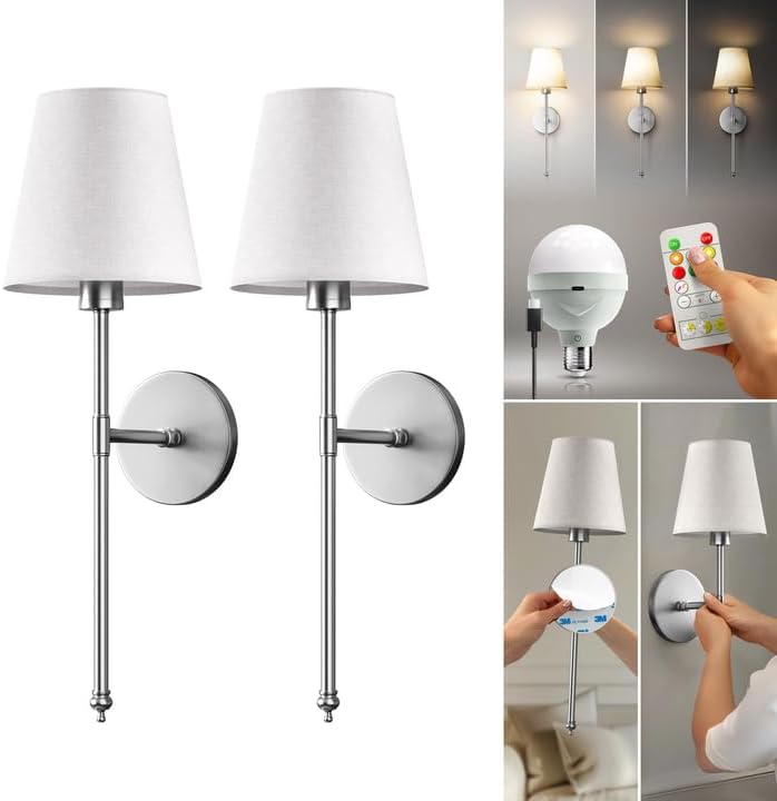 Set of 2 Wireless Wall Sconces Peel & Stick with Adhesives for Easy Installation, Rechargeable LED Bulbs, Remote Controlled, Adjustable Brightness, The Original Wireless Wall Lamps (Silver)
