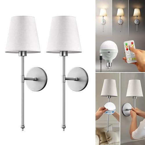 PRIDOLA Set of 2 Wireless Wall - Stick-On or Screw Mount for Easy Installation, Rechargeable LED Bulbs, Remote Controlled, Adjustable Brightness, The Original Wireless Wall Lamps (Silver)