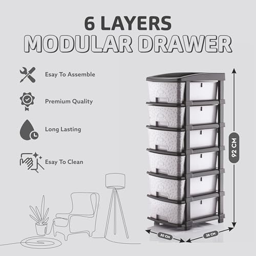 Image of 6XL Plastic Modular Drawer System for Home, Office, Hospital, Parlor, School, Doctors, Home and Kids, Product Dimension When assembeled (30cmx38cmx92 cm) (Grey, 6XL)