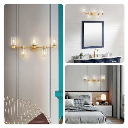 Image of WUZUPS 5-Light Bathroom Wall Light Fixture Over Mirror Clear Glass Shade Morden Vanity Scones Light for Bedroom Living Room, E26 Base, Gold