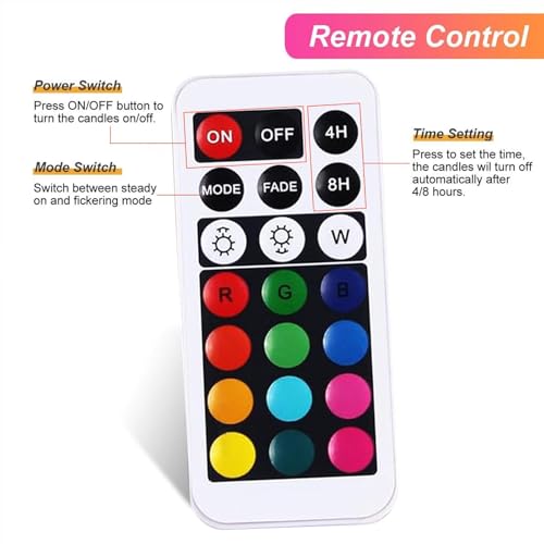 Image of LED Flickering Flameless Candles with Color Changing, Remote Control and Auto-Off Timer, 100 Hours Working Time, Battery-Operated.Multi-Color(Multi-Colored, 4(h)*2.5(d) in 3 Pack)