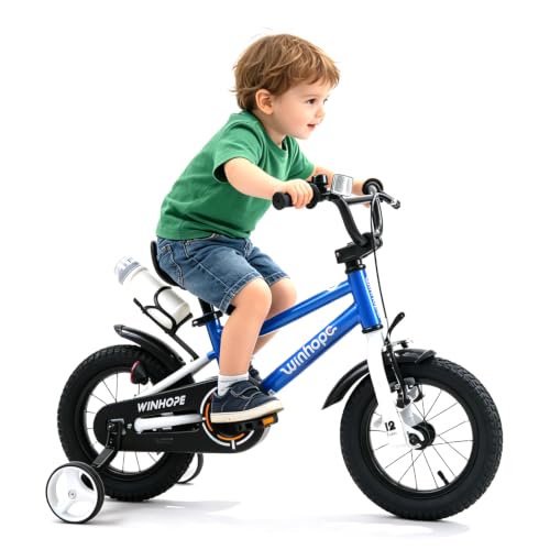 Image of WinHope Kids Bike with Headlight, 12-20 Inch Pedal Bike for 2-12 Boys Girls | Steel Frame with Training Wheels Water Bottle | Dual Brake for Summer Outdoor Riding | Birthday Gift for Toddlers