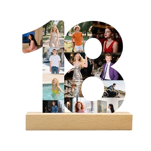 DGJSSK Personalizzato Qualsiasi età Numero Foto Collage, Collage Foto Personalizzata per il 18° Compleanno, Cornice in Legno, Regalo Decorativo Creativo per la Festa di Anniversario e Compleanno