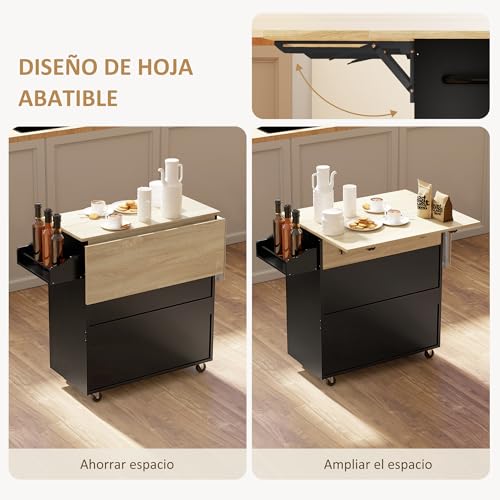 Miniatura 3 de Homcom Isla De Cocina Con Ala Abatible Carrito De Cocina Mueble Auxiliar De Cocina Con Ruedas 2 Puertas Cajón Especiero Toallero Y Estante Ajustable 106x42x87 Cm Negro Y Roble