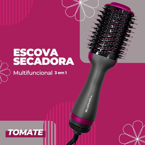 Escova Secadora Multifuncional 3 em 1 Seca Alisa e Modela 3 Temperatura ajustavel - Tomate